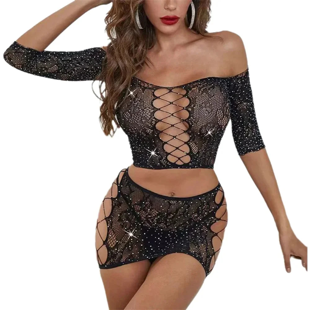 Hot Sexy Lingerie Diamond Fishnet Exotic Lingerie Mini Dress