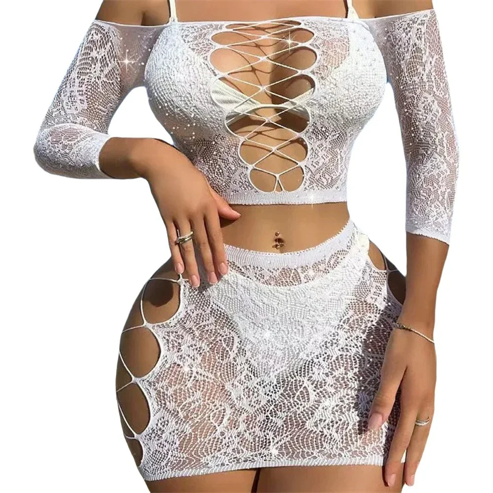 Hot Sexy Lingerie Diamond Fishnet Exotic Lingerie Mini Dress